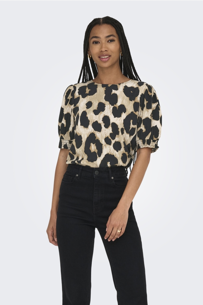 ONLMINDY S/S PUFF SLEEVE TOP WVN 15359132 TAPIOCA/NOMADIC LEO